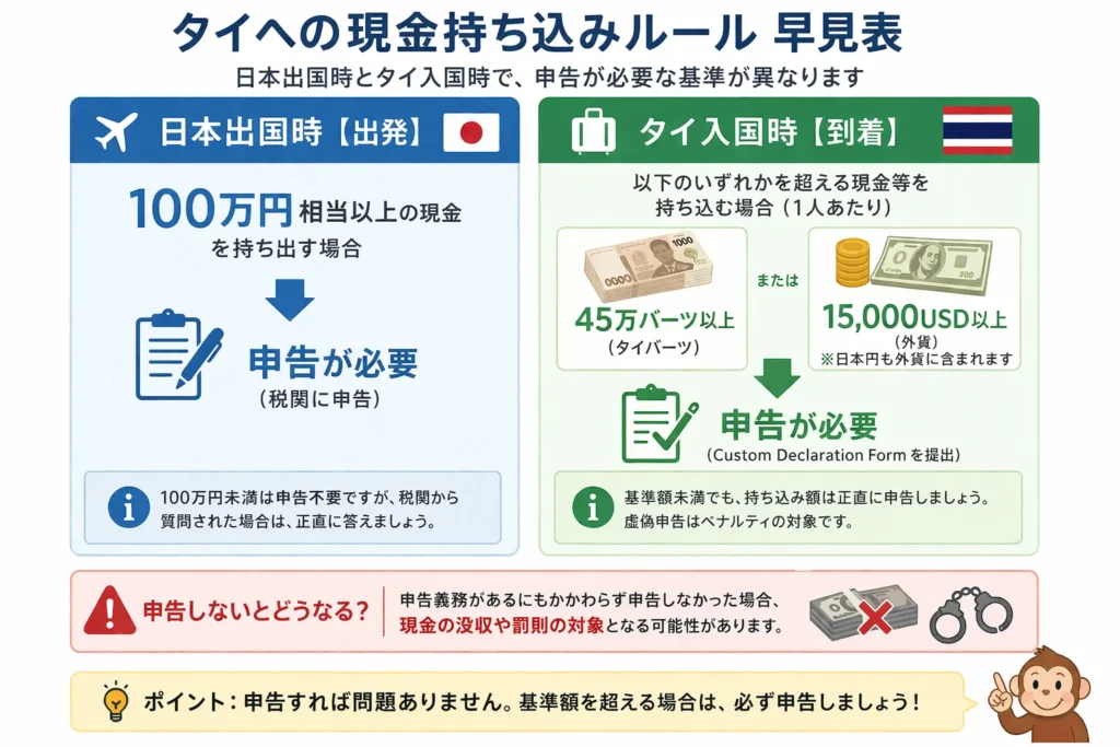 タイと日本の現金持ち込み上限と申告ルールの早見図（出国時・入国時の違い）